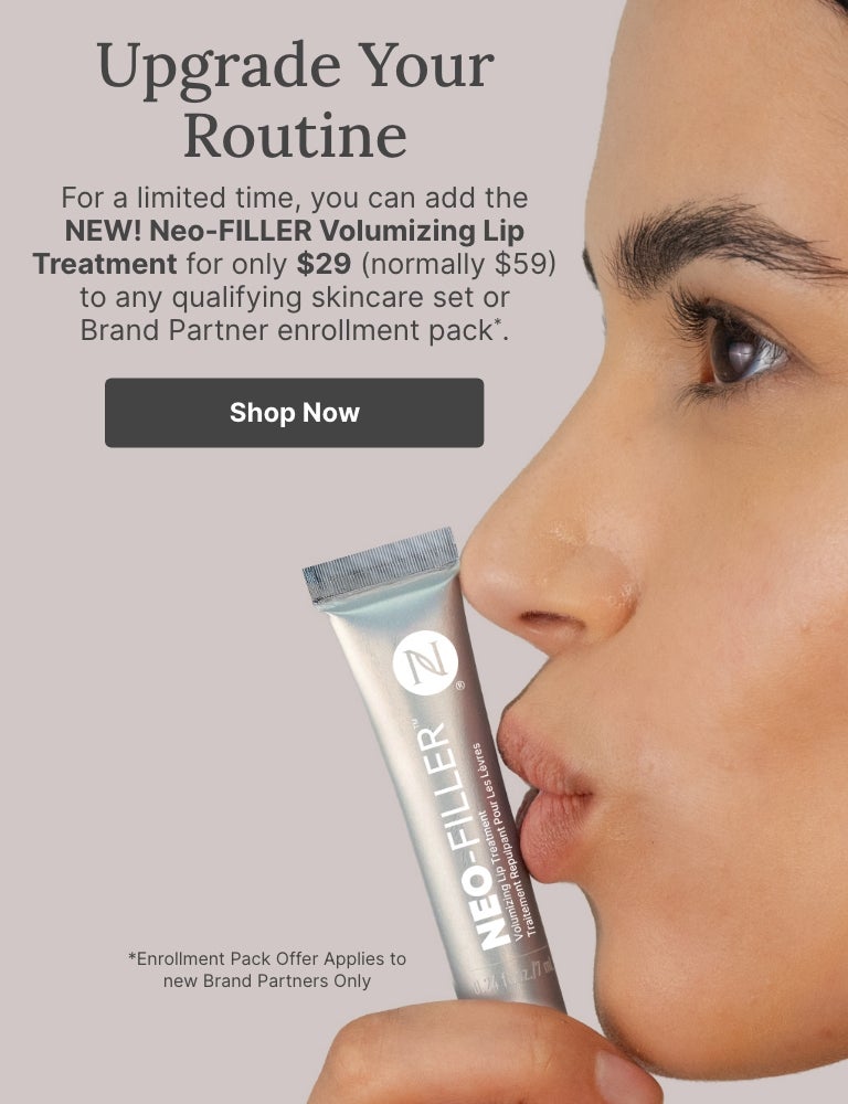 50% OFF Neo-FILLER Volumizing Lip Treatment with any Neo-FILLER or Neo-FILLER Set purchase. Featured is a woman kissing a tube of Neo-FILLER Volumizing Lip Treatment.
